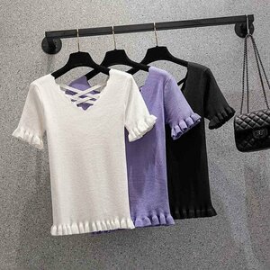  all 3 color short sleeves T-shirt frill V neck thin plain sweet series L black 