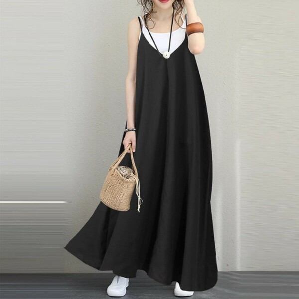 【ブラック】ワンピース Lサイズ ジャンパースカート シンプル 体型カバー