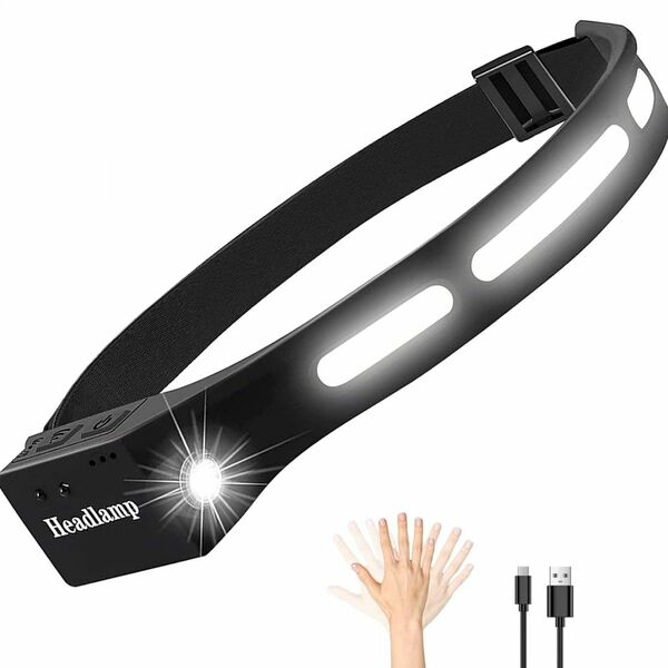 ヘッドライト 充電式 高輝度 人感センサー機能付き USB LEDデュアル光源 小型軽量 ヘッドランプ ヘルメットライト 防災