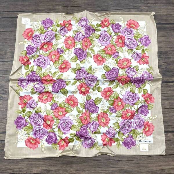 【未使用品】BURBERRYS バーバリーズ ハンカチ バンダナ ベージュ系 花柄 レッド×パープル コットン 綿100% W52 H50