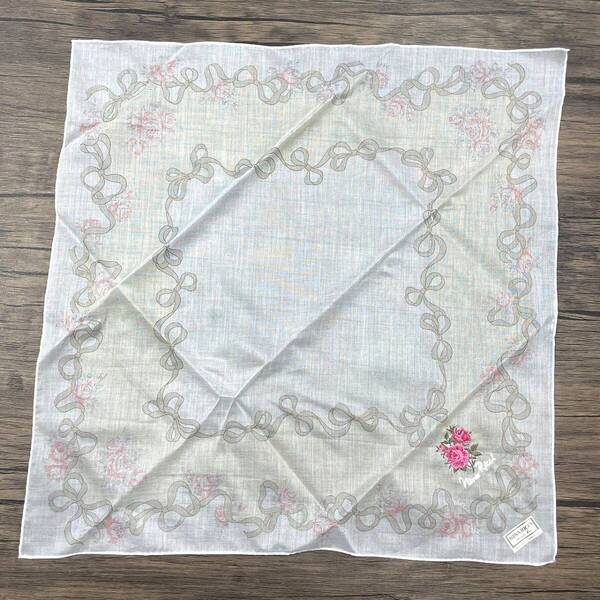【未使用品】NINA RICCI ニナリッチ ハンカチ バンダナ ホワイト×ライトイエロー リボン柄 花柄 刺繍 コットン 綿100%