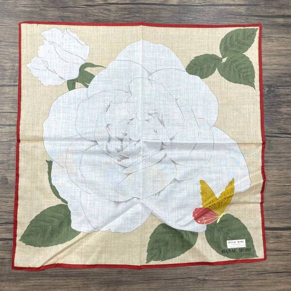【未使用品/保管ダメージ有り】HANAE MORI ハナエモリ ハンカチ バンダナ 花柄 フラワー バラ ホワイト×ベージュ×グリーン バタフライ