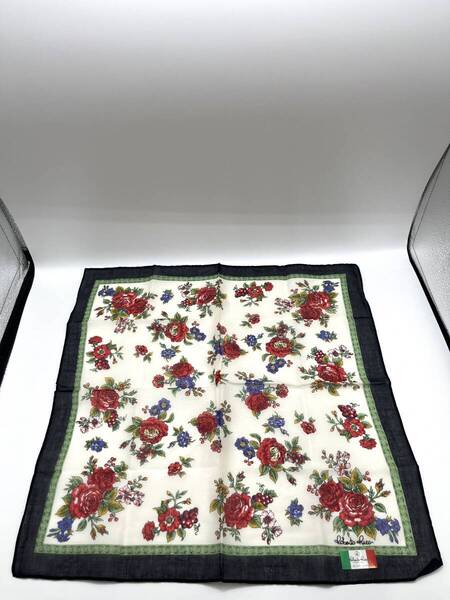 【未使用品】Roberto Riec ハンカチ バンダナ 花柄 フラワー レッド×パープル×グリーン×アイボリー 縁ブラック コットン 綿100%