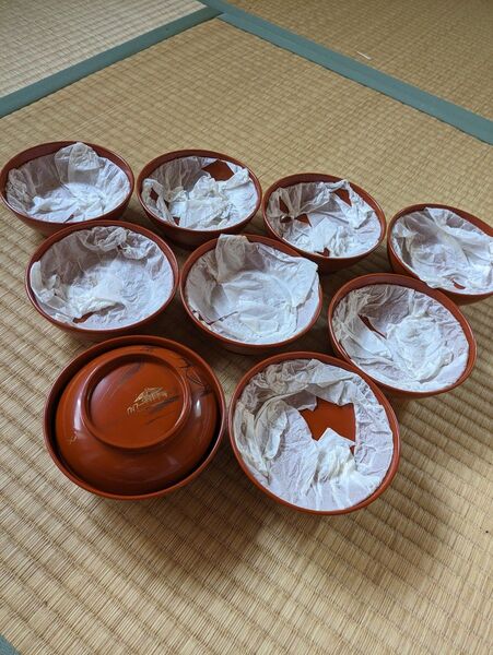 和食器 柏椀 蓋付き レトロ9客 レトロ 新品同様 直径13センチ