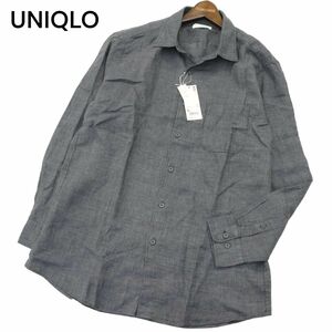 【新品 未使用】 UNIQLO ユニクロ 春夏 麻100％ プレミアム リネン★ 長袖 シャツ Sz.XL　メンズ グレー 大きいサイズ　A4T03515_4#A