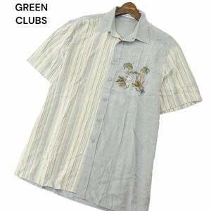 GREEN CLUBS グリーンクラブ 春夏 【ロゴ アニマル 刺繍】 ストライプ 切替 半袖 シャツ Sz.4　メンズ 日本製　A4T06165_5#A