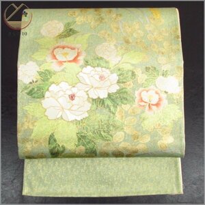 * kimono 10* 1 jpy silk double-woven obi embroidery . futoshi hand drum pattern length 434cm [ including in a package possible ] **