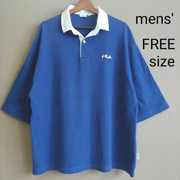 FILA ビッグシルエット ワンポイント刺繍 ラガーシャツ ポロシャツ フリーサイズ ネイビー ブルー系 