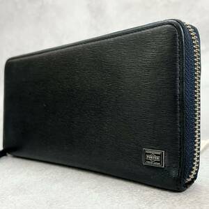 [ beautiful goods ]PORTER Porter current long wallet round fastener Zip leather navy Logo plate men's business long wallet 