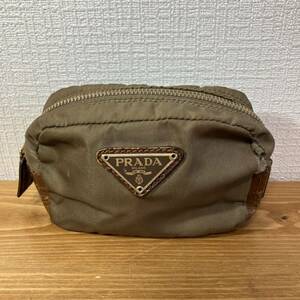 6-10 PRADA Prada nylon case pouch make-up pouch make-up pouch black ko leather leather khaki Brown Old Vintage 