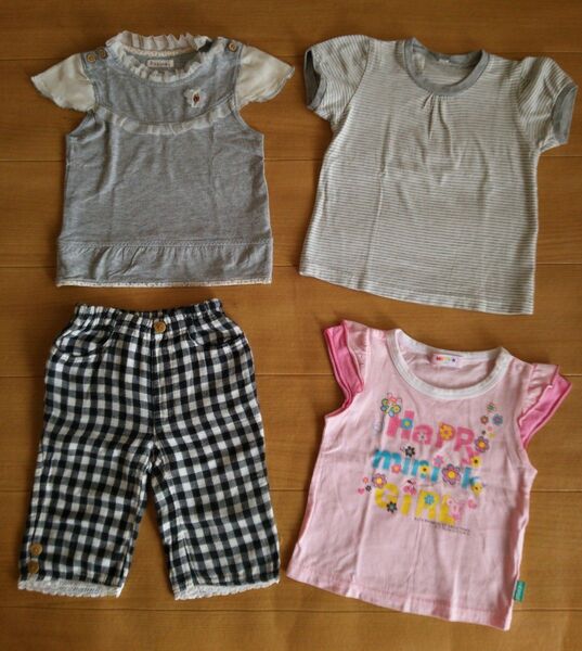 95 半袖 Tシャツ×3グレーとピンク ガーゼパンツ×1 黒白チェック 4枚セット 女の子