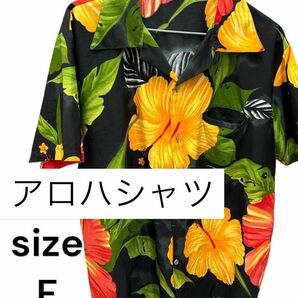 アロハシャツ ブラック ハワイアン 総柄 ALOHA 古着 シャツ ハイビスカス フリーサイズ