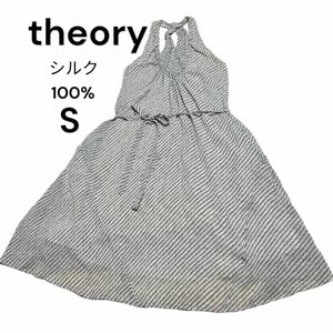 美品　シルク100% 膝丈ワンピース　セオリー　絹　総柄　リゾートドレス　S ノースリーブワンピース