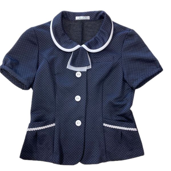 【美品】事務服 オーバーブラウス 7号ネイビー ユニレディ ストレッチ