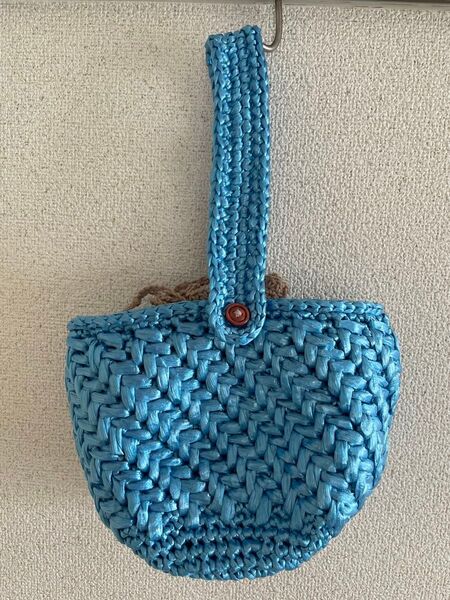 再販無し一点物!ハンドメイド かぎ針編み すずらんテープ ビニール紐 ブルー系 巾着バッグ ハンドバッグ ワンハンドル