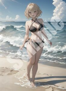 V0039 AI 美女 A4 ポスター 美少女 水着 ビーチ イラスト アニメ かわいい