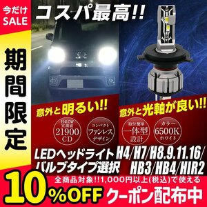 コスパ最高! 簡単ポン付け 一体型 LED ヘッドライト H4 H7 H8 H9 H11 H16 HB3 HB4 HIR2 選択 実測値21900cd ファンレス 白 12V