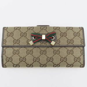 K06 GUCCI グッチ GGキャンバス/レザー シェリーライン リボン Wホック 長財布 ベージュ/ブラウン 167464