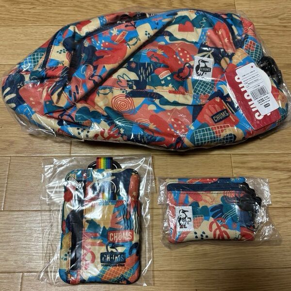 チャムスリサイクルキーコインケーススプリングデールキーコインケースリサイクルオーバルウエストパック アブストラクトネイチャー3点