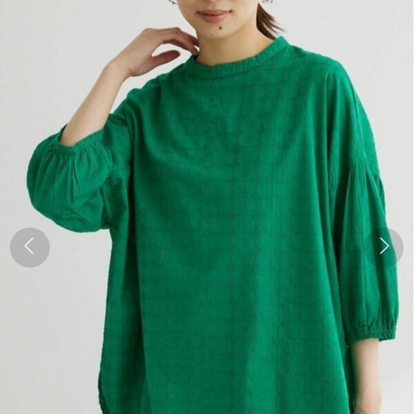 Chocol raffine robe インド綿　刺繍7分袖ブラウス　緑シャツ
