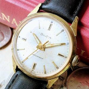 #3108【シックでお洒落】メンズ 腕時計 ブローバ BULOVA 手巻き 動作品 アンティーク ヴィンテージ 機械式 新品ベルト付 金張り 1966年 3針