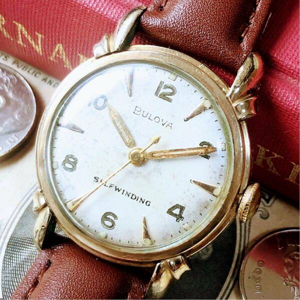 #3113【シックでお洒落】メンズ 腕時計 ブローバ BULOVA 手巻き 動作品 アンティーク ヴィンテージ 機械式 新品ベルト付 金張り 1950年代