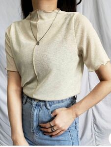 ●新品　me+em select ミームセレクト　tシャツ プチハイネックシアーカラーリブメロートップス