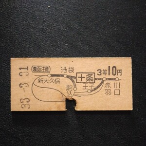 【0528】十条から 3等 10円 地図式乗車券 国鉄 鉄道 硬券 古い切符