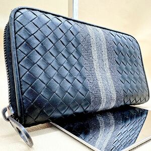 未使用級●BOTTEGA VENETA ボッテガヴェネタ イントレチャート ラウンドファスナー ブラック 黒 長財布メンズ レザー ビジネス ストライプ