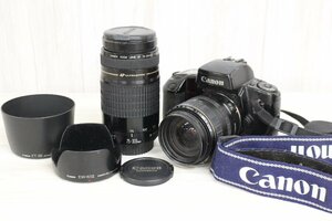 【行董】Canon キヤノン EOS100QD 一眼レフフィルムカメラ レンズ 28-105mm 75-300mm フード 等 まとめて 動作未確認 現状品 AF125ABC90