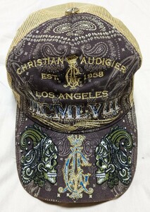 christian audigier mesh capクリスチャンオードジェー メッシュキャップ 刺繍スカル金 ロサンゼルス キャップ 帽子 ビンテージERAグリーン