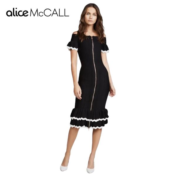 美品 Alice McCall アリスマッコール オフショルダー ニット ワンピース ドレス ジップアップ Wジップ 二重裾フリル