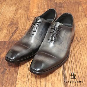 TETE HOMME/LL(28-28.5cm)/ビジネス シューズ 撥水 艷やか ガラス レザー 無地 ムラ こなれ感 日本製 上品 新品/黒×グレー/ig218/