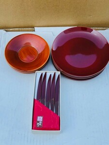 HG428 送料無料　飛騨春慶塗　木製姫ナイフ　食器　小皿　中皿　丸皿　セット　
