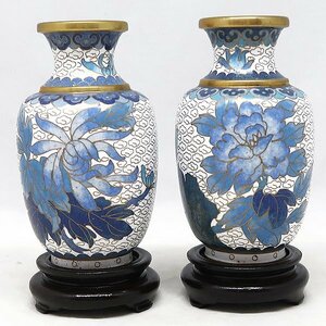 DKG★ 中国美術 景泰藍 七宝 花瓶 年代物 時代 一対 花器 2点　CLOISONNE WARE 七宝焼 花入れ 花台 付き