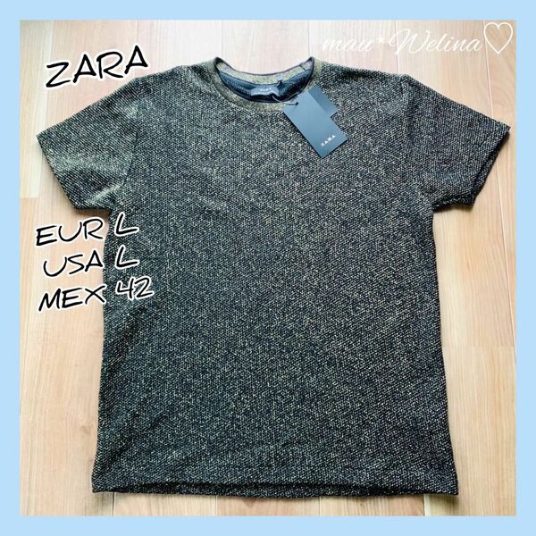 ZARA ザラ Tシャツ メッシュ ブラック 黒 ゴールド L 42