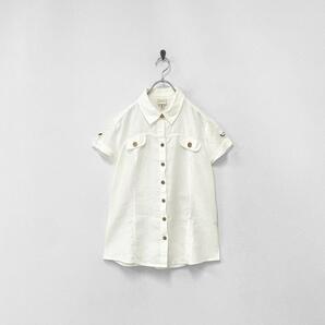 リネン フラップ ウッドボタン 半袖 シャツ ブラウス 白 ホワイト M