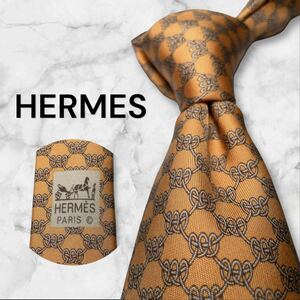 786 HERMES エルメス　ネクタイ　総柄　チェーン柄　イエロー　高級感　ハイブランド　