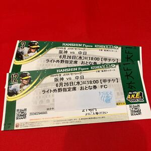  Hanshin Tigers ticket 6 month 26 day ( water ) middle day war light out . seat pair ticket ream number 2 sheets ( Koshien lamp place ) through . side 