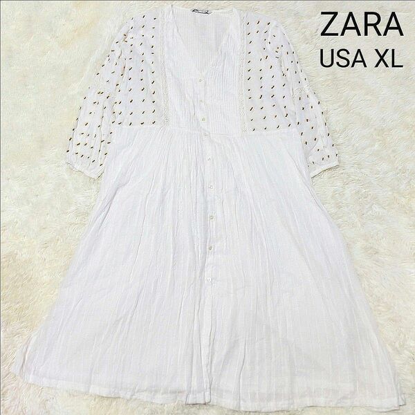 ZARA ザラ シャツ ワンピース リボン 刺繍 レース ピンタック 3L 大きめサイズ 白