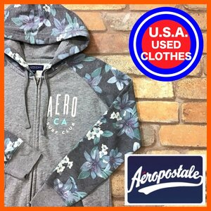 ME11-871★USA買付商品★お買い得★【AEROPOSTALE エアロポステール】ボタニカル柄 ジップアップ スウェットパーカー【L】グレー USA古着