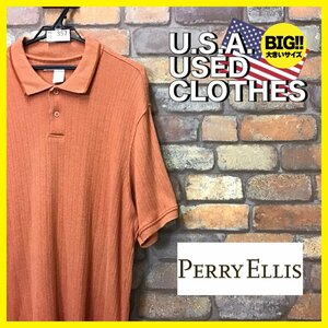 ME12-357★USA古着★【PERRY ELLIS】厚手 テンセル混 ストライプ 半袖ポロシャツ【メンズ XL】オレンジ ゴルフ モード アメカジ OLD