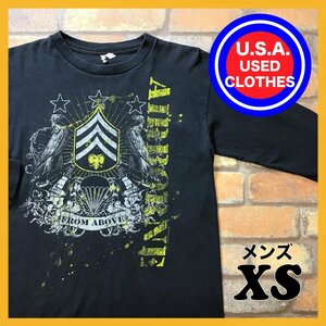 ME5-823★USA直輸入!!★雰囲気抜群◎US ARMY【AIRBORNE FROM ABOVE】階級章・パラシュート 長袖 Tシャツ【メンズ XS】黒 ミリタリー ロンT