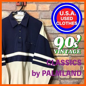 ME11-663★90's USA古着★正規品★ 【CLASSICS by PALMLAND クラシックス】デザインポロシャツ スウェット【メンズ L】ベージュ 白 紺