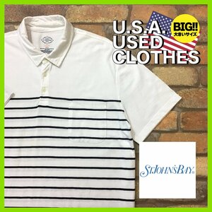 ME12-280★USA古着★オーバーサイズ【ST JOHN'S BAY】マリンボーダー 胸ポケット 半袖ポロシャツ【メンズ XXL】ホワイト ストリート ゴルフ