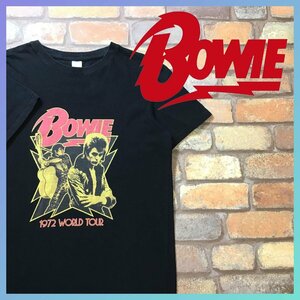 ME10-348★GOODデザイン★雰囲気抜群★【BOWIE】1972 Ziggy Stardust ワールドツアー Tシャツ【メンズ S】黒 半袖 グラムロック 音楽