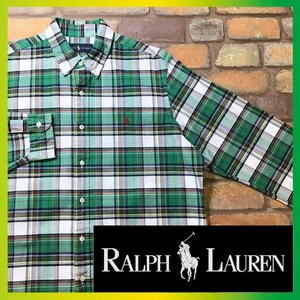 ME8-979★USA直輸入★正規品★【Ralph Lauren ラルフローレン】好配色 チェック 長袖 ボタンダウン オックスフォードシャツ【メンズ L】緑