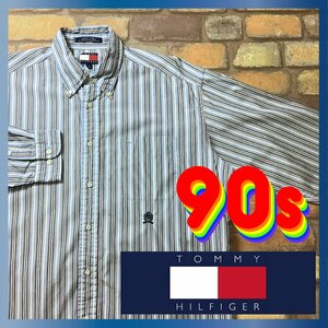 ME9-421★90's フラッグタグ★USA古着★【TOMMY HILFIGER トミーヒルフィガー】マルチストライプ 長袖 コットン BDシャツ【メンズ L】青系