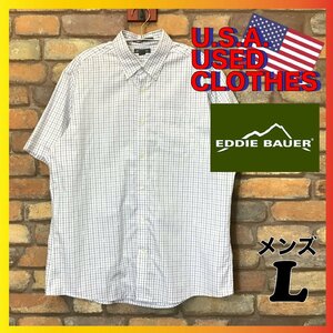 ME11-242★アメリカ買付商品★白系チェック【Eddie Bauer エディーバウアー】半袖シャツ【メンズ L】白×青 大きいサイズ BDシャツ