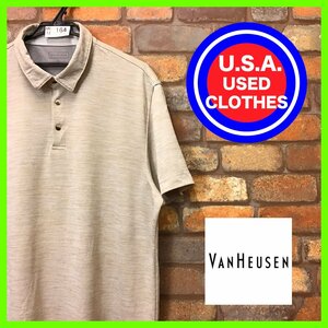 ME12-164★USA古着★【VAN HEUSEN】クラシックフィット ボーダー 半袖ポロシャツ【メンズ XL】ベージュ ポリエステル ゴルフ アメカジ